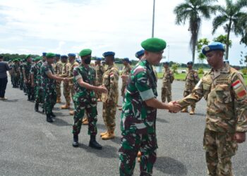 KODAM VI/MLW SAMBUT SATGAS KIZI TNI KONGA XXXVII-H/MINUSCA CAR TA 2022 YONZIPUR 17/ANANTA DHARMA
